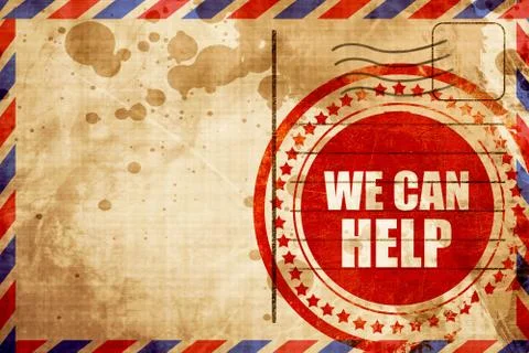 We can help, red grunge stamp on an airmail background Illustrazione stock