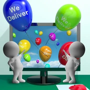 We deliver balloons from computer showing delivery shipping or logistics Stock Illustration
