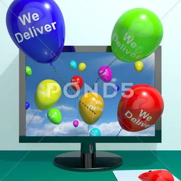 We deliver balloons from computer showing delivery shipping servive or logist Stock Illustration