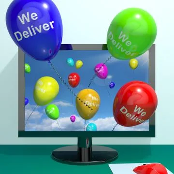 We deliver balloons from computer showing delivery shipping servive or logist Stock Illustration