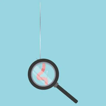 We examine the worm on a hook under a magnifying glass, fishing bait Stock Illustration