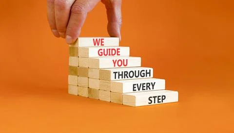 We guide you through every step symbol. Concept words We guide you through .. 스톡 사진