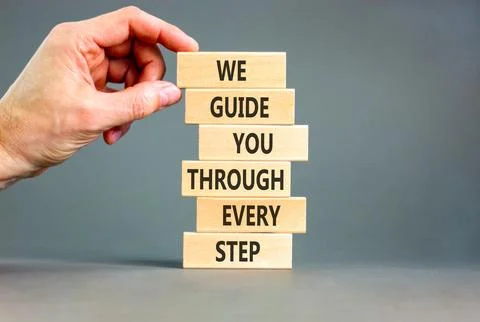 We guide you through every step symbol. Concept words We guide you through .. Stockfoto's