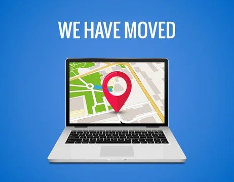 We have moved announcement. Relocation notice with laptop and map pin location Stock Illustration