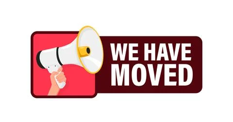 We Have Moved. Hand hold megaphone speaker for announce. Attention please Stock Illustration