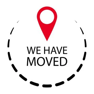 We have moved label or badge, pin location Stock Illustration