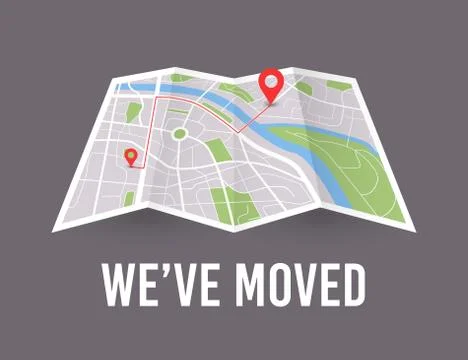 We have moved. Map wit pin pointer. new office icon location Stock Illustration