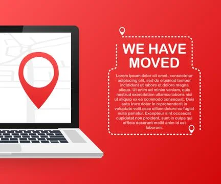 We have moved. Moving office sign. Clipart image isolated on red background.  Stock Illustration
