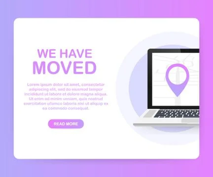 We have moved. Moving office sign. Clipart image isolated on red background.  Stock Illustration