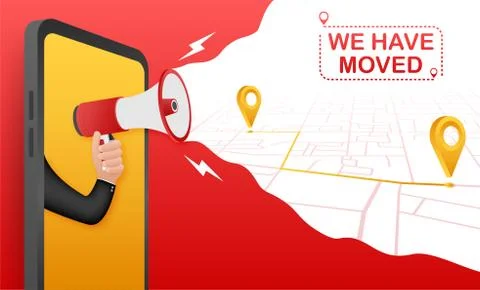 We have moved. Moving office sign. Clipart image isolated on red background.  Illustrazione stock