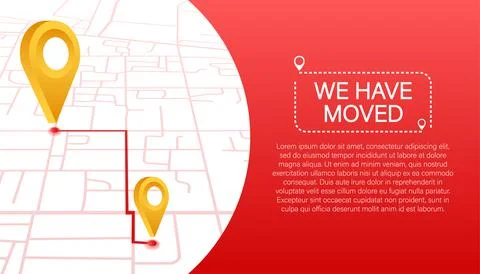 We have moved. Moving office sign. Clipart image isolated on blue background Stock Illustration