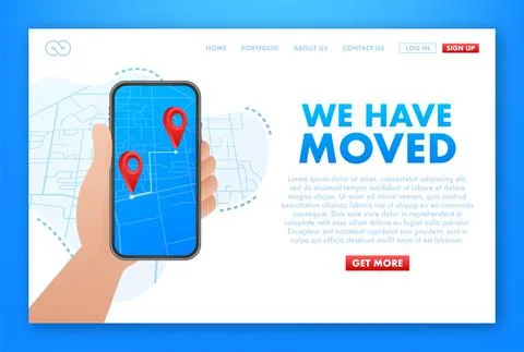 We have moved. Moving office sign. Clipart image isolated on blue background Stock Illustration