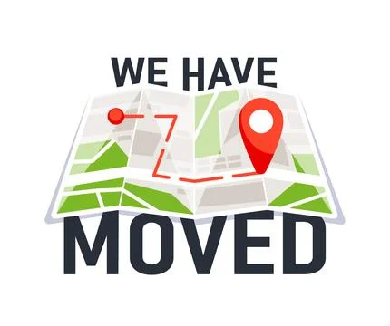 We have moved. Moving office sign. Navigation map with point. We are moving from Illustrazione stock
