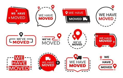 We have moved, relocate red signs and icons set Stock Illustration