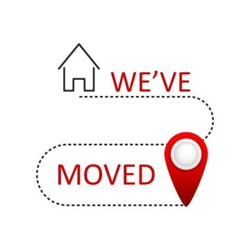 We have moved. Sign in flat style with pin. Vector illustration isolated on Stockillustratie
