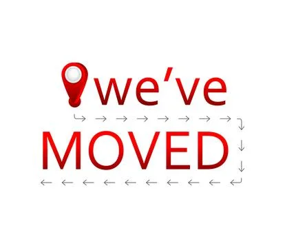 We have moved. Sign in flat style with pin. Vector illustration isolated on Stock Illustration