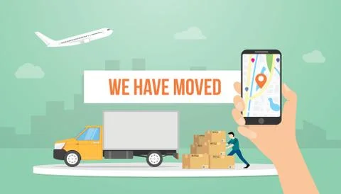 We have moved text banner title with hand holding smartphone and truck with m Stock Illustration
