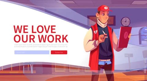 We love our work web banner, post office employe Illustrazione stock