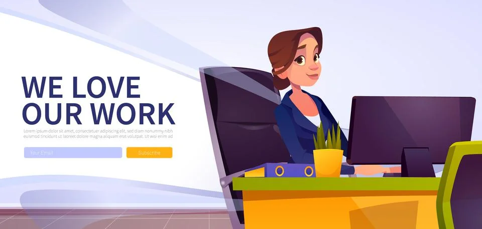 We love our work web banner with bank worker woman 스톡 일러스트
