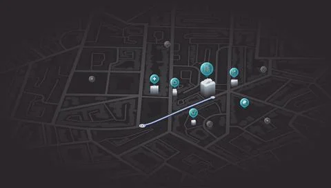 We moved. City navigation map in dark mode. 3D navigation map with route and Stock Illustration