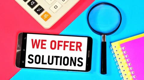 We offer solutions. Text message on the smartphone screen. Stock Photos