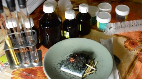 We Perform Chemical Experiments - Mix Reagents ignite, see the result Stock Footage 59211709