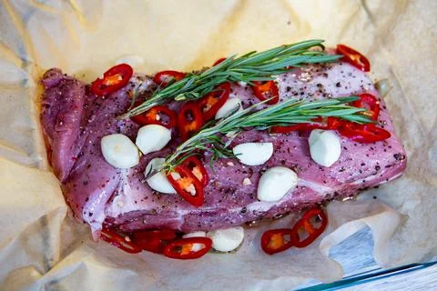 We prepare the tenderloin for baking Stock Photos