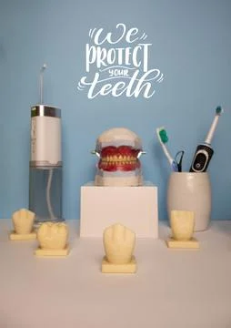 We protect your teeth background with oral hygiene tools decorative teeth Stock Photos