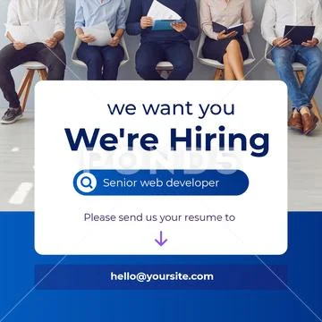 We re hiring sign with people waiting in background PSD Template