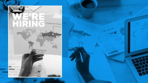 We re hiring, text animation with work table in background Stock Footage 243446168