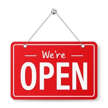 We re Open Hanging Sign Vector Illustration. Red Store Open Door 3d Sign Hanging Stock Illustration