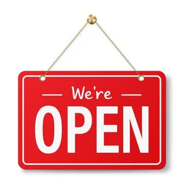 We re Open Hanging Sign Vector Illustration. Red Store Open Door 3d Sign Ha.. Stock Illustration