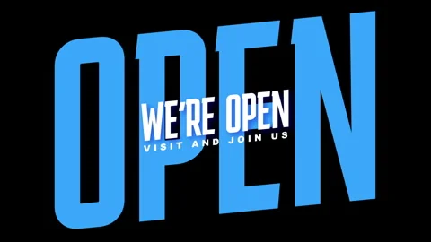 We re open, visit and join us - text animation with white blue text and blac Stock Footage 242486196