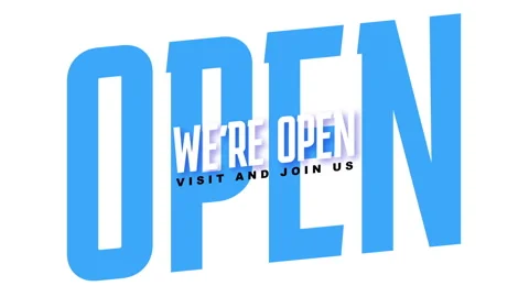 We re open, visit and join us - text animation with white blue text and whit Stock Footage 242486293