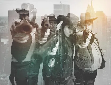 We run these streets. Multiple exposure portrait of outlaws aiming their pistols Фото