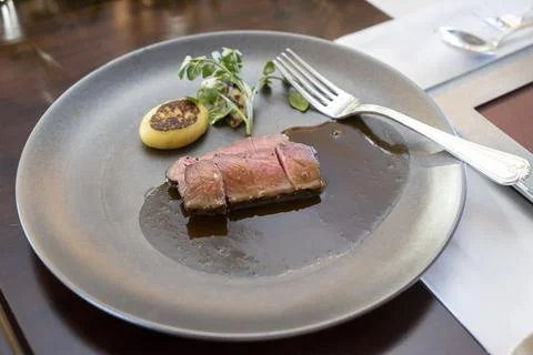 We serve beef fillet in bite size Stock Photos