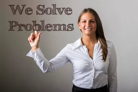 We Solve Problems - Beautiful girl touching text on transparent surface Foto stock