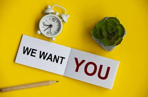 We want you text on notepad with alarm clock and plant background. Foto stock
