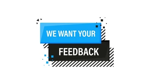 We want your feedback blue banner in 3D style on white background. Motion Stock-Footage 156584201
