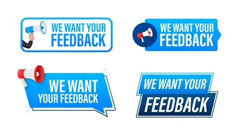 We want your feedback text with Megaphone label set. Megaphone in hand promotion Stockillustratie