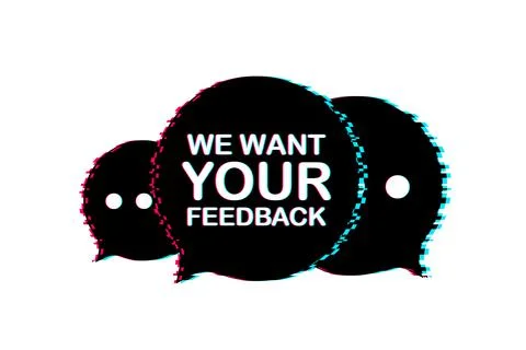 We want your feedback written on speech bubble. Advertising sign. Glitch icon Illustrazione stock