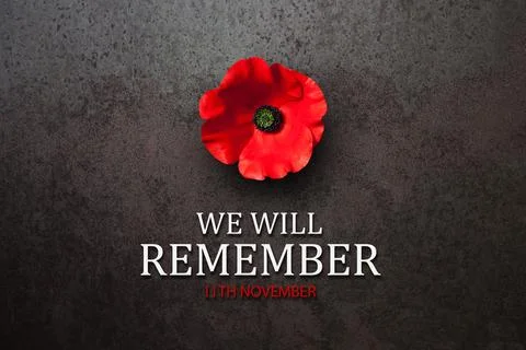 We Will Remember 11th November inscription with Poppy flower on rusty iron ba Stock Photos