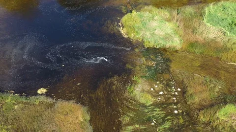 Weak drained midsummer river stream, aerial Stock Footage 117833531