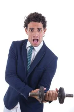 Weak man holding a weight Stock Photos