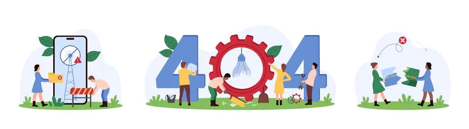 Weak or no internet network disconnect, error 404, account bank problem of tiny Illustrazione stock