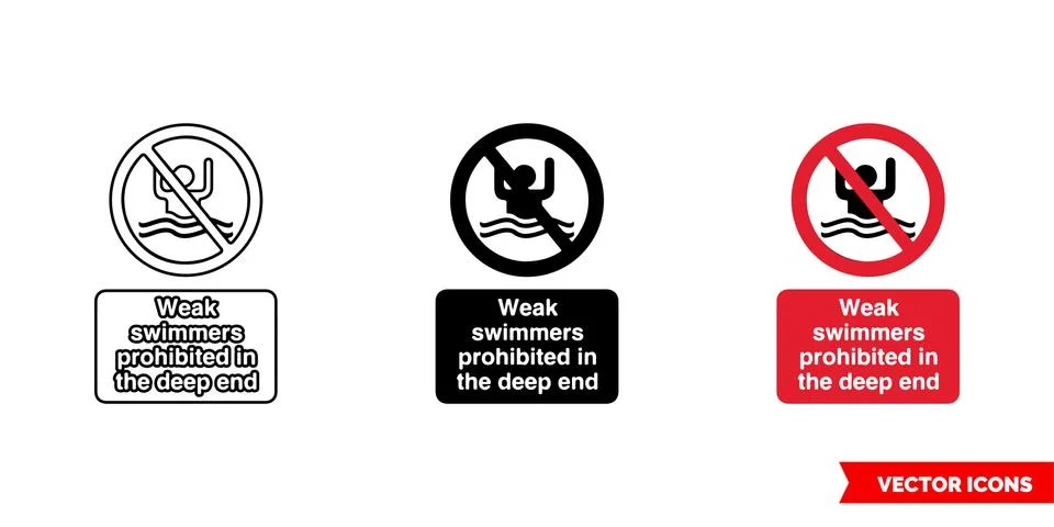 Weak swimmers prohibited in the deep end prohibitory sign icon of 3 types col Stock Illustration