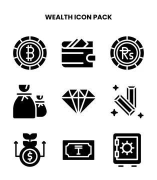Wealth Glyph Bundle Icons Pack Stock Illustration