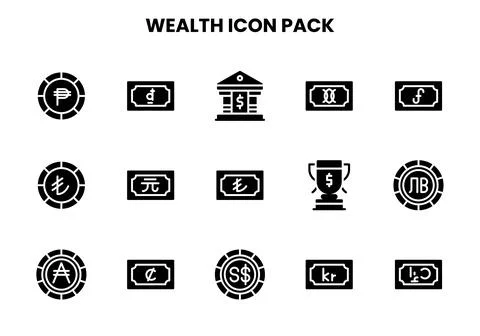 Wealth Glyph Vector Icons Pack Stock Illustration