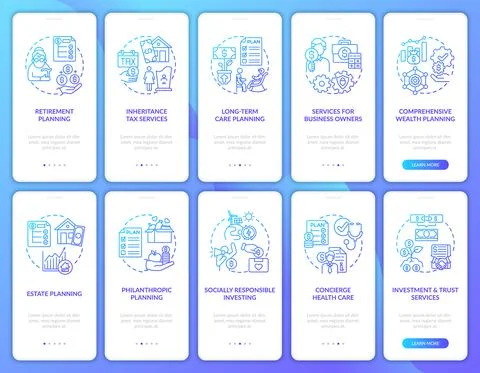 Wealth guide onboarding mobile app page screen with concepts set Stock Illustration
