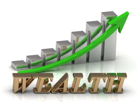 WEALTH- inscription of gold letters and Graphic growth and gold arrows on whi Stock Illustration